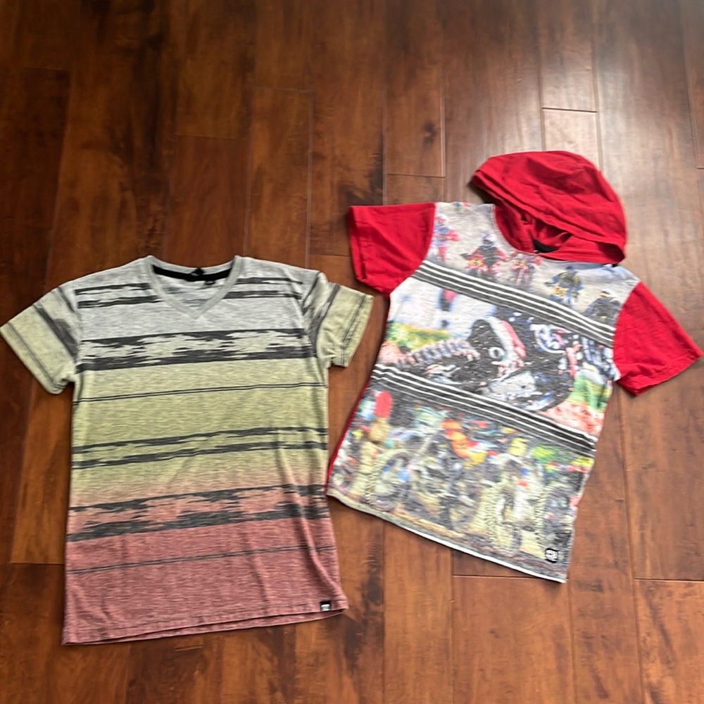 Boys tee shirt bundle one with dirt bike photo and one v-neck